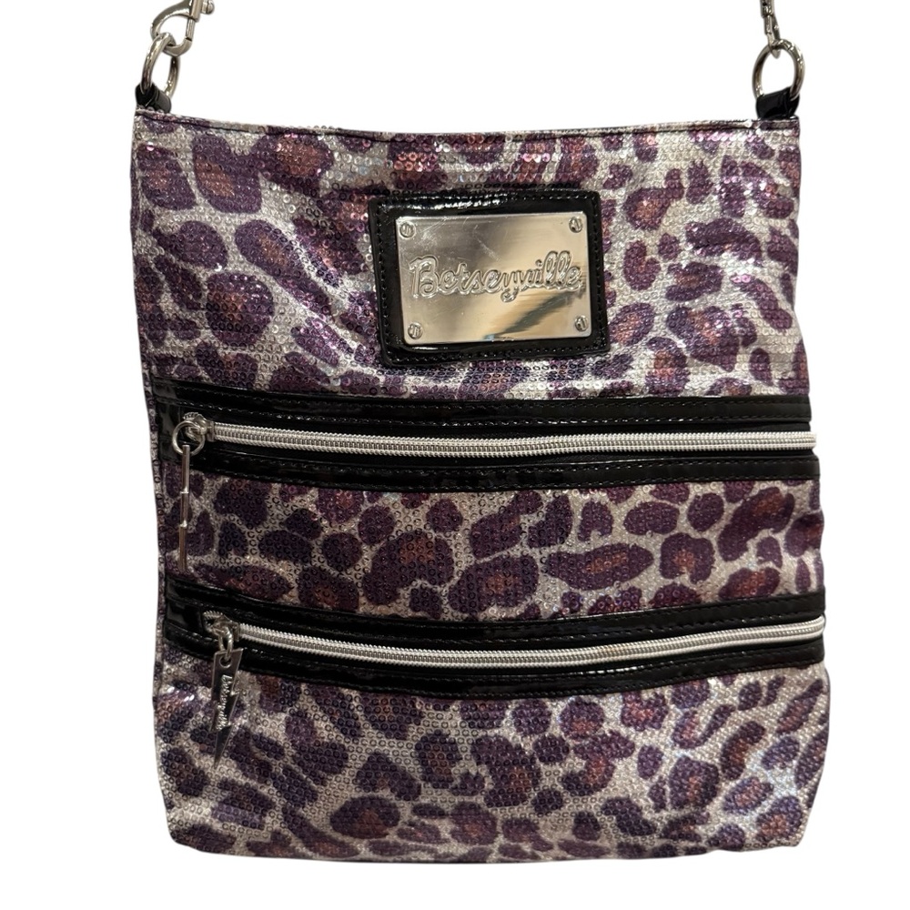 Betseyville by Betsey Johnson Purple Leopard Sequin Crossbody Bag EUC